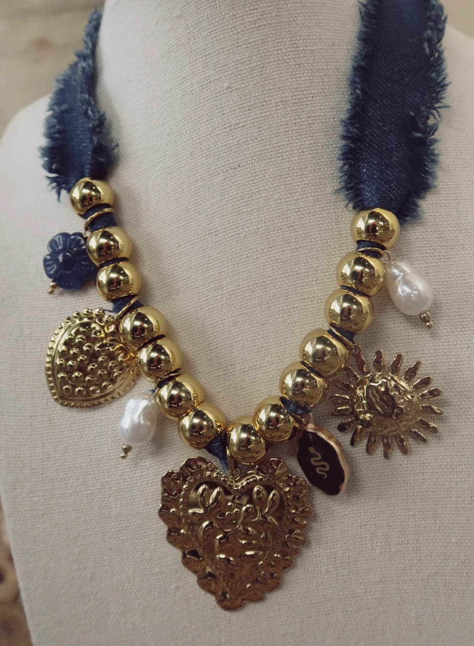 Denim Heart Charm Statement Necklace